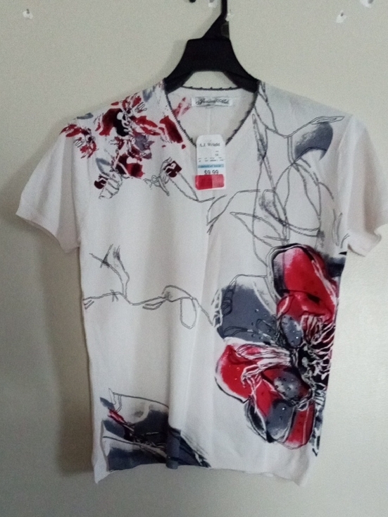 Jessica Ash Tops - Jessica Ash White V-Neck with Red, Black and Grey Tattoo Floral Art